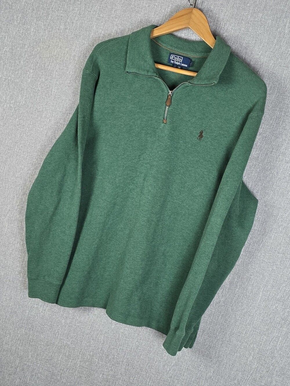 Vtg Polo Ralph Lauren 1/4 Zip Estate Rib Pullover Sweater Green/Brown Pony Sz L